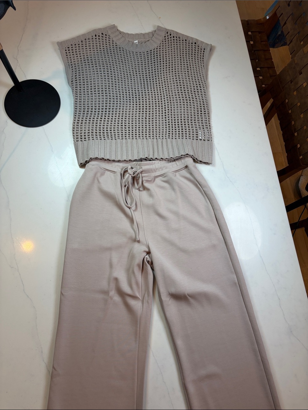 Neutral Knit Sleeveless Top & Drawstring Pants Set - Beige